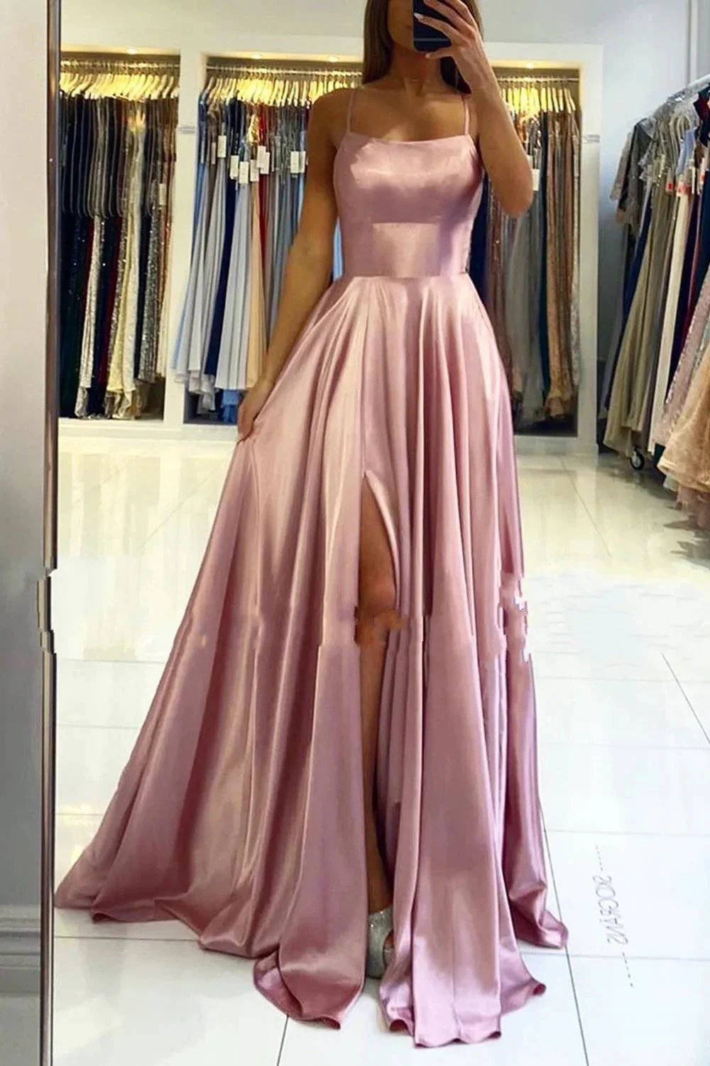 Simple Long A-line Spaghetti Straps Open Back Prom Dress with Slit by BIZTUNNEL