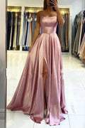 Simple Long A-line Spaghetti Straps Open Back Prom Dress with Slit by BIZTUNNEL