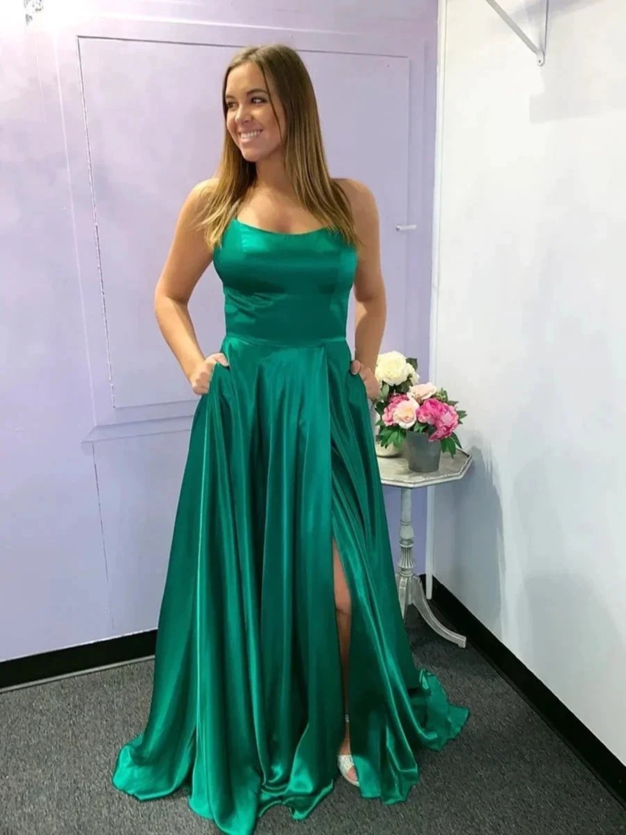 Simple Long A-line Spaghetti Straps Satin Front Slit Prom Dresses with Pockets by BIZTUNNEL