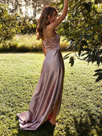 Simple Long A-line Spaghetti Straps Satin Open Back Prom Dresses with Leg Slit by BIZTUNNEL
