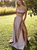 Simple Long A-line Spaghetti Straps Satin Open Back Prom Dresses with Leg Slit by BIZTUNNEL