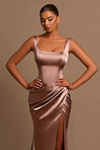Simple Long A-line Straps Satin Sleeveless Prom Dress With Slit by misshow.com