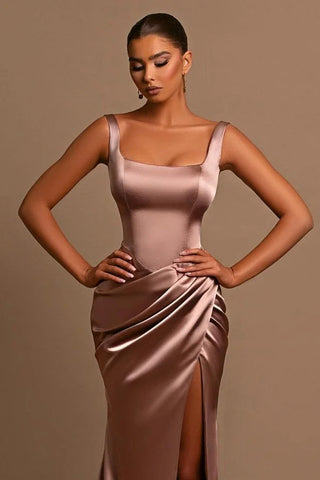 Simple Long A-line Straps Satin Sleeveless Prom Dress With Slit