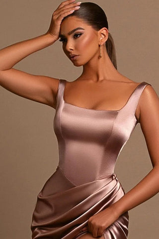 Simple Long A-line Straps Satin Sleeveless Prom Dress With Slit