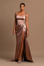 Simple Long A-line Straps Satin Sleeveless Prom Dress With Slit by misshow.com