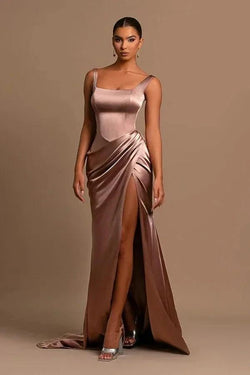 Simple Long A-line Straps Satin Sleeveless Prom Dress With Slit by misshow.com