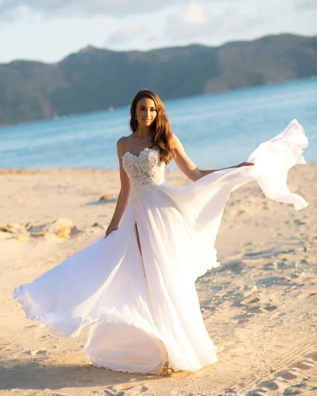 Simple Long A-line Sweetheart Chiffon Appliques Lace Wedding Dress by BIZTUNNEL