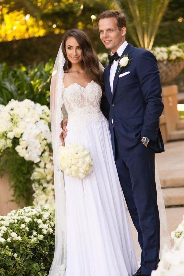 Simple Long A-line Sweetheart Chiffon Appliques Lace Wedding Dress by BIZTUNNEL