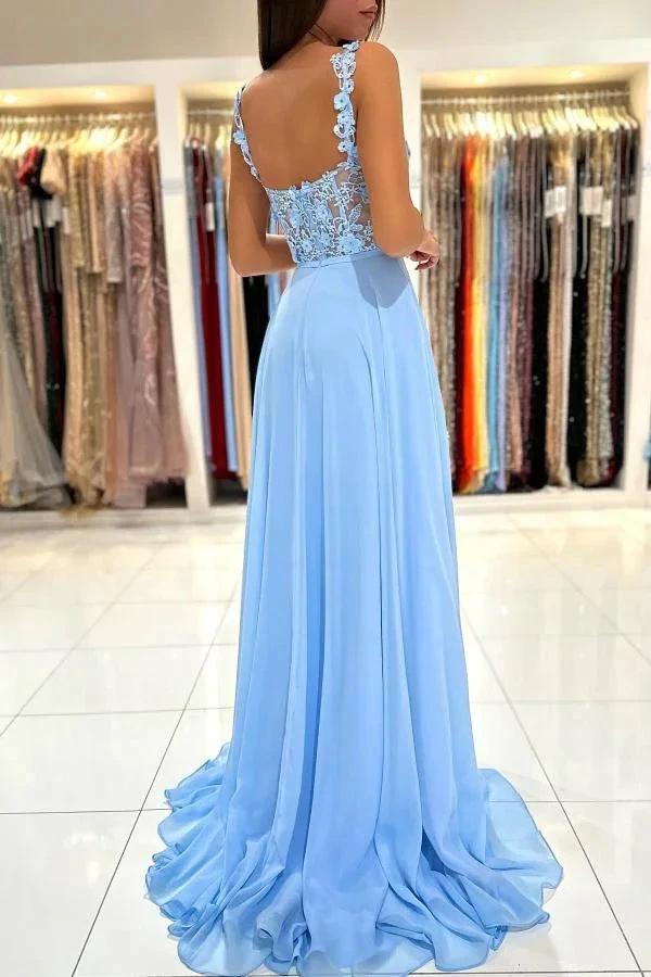 Simple Long A-line Sweetheart Chiffon Lace Backless Prom Dress with Slit by BIZTUNNEL