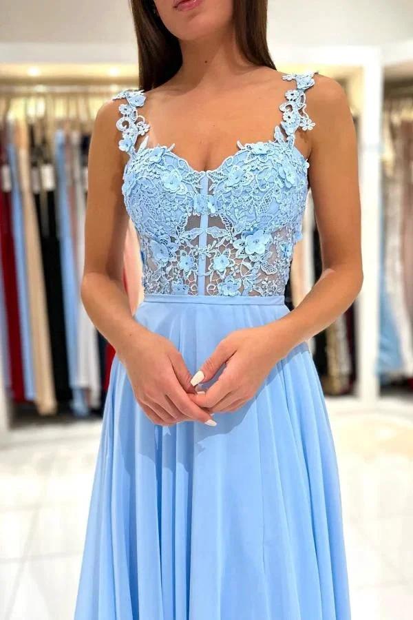 Simple Long A-line Sweetheart Chiffon Lace Backless Prom Dress with Slit by BIZTUNNEL