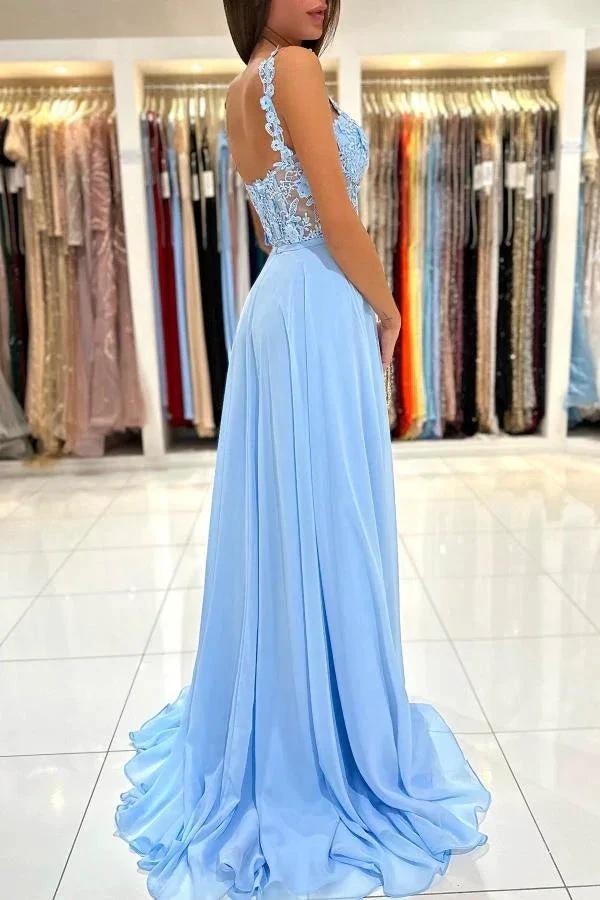 Simple Long A-line Sweetheart Chiffon Lace Backless Prom Dress with Slit by BIZTUNNEL