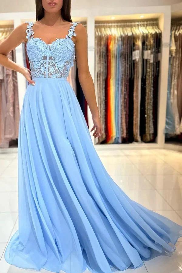 Simple Long A-line Sweetheart Chiffon Lace Backless Prom Dress with Slit by BIZTUNNEL