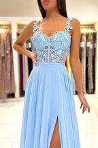 Simple Long A-line Sweetheart Chiffon Lace Backless Prom Dress with Slit by BIZTUNNEL