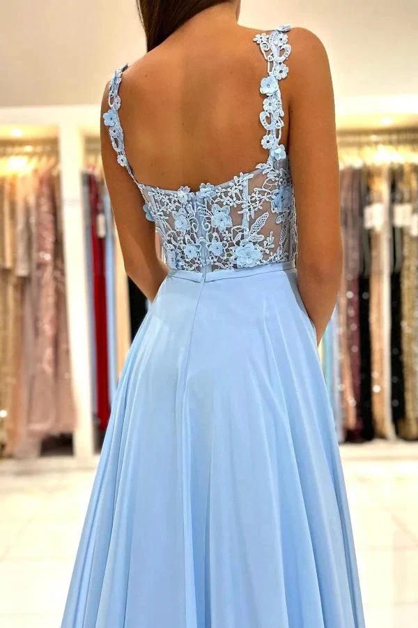 Simple Long A-line Sweetheart Chiffon Lace Backless Prom Dress with Slit by BIZTUNNEL