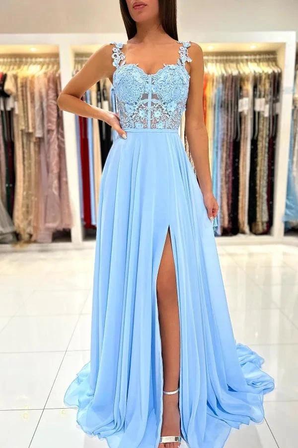 Simple Long A-line Sweetheart Chiffon Lace Backless Prom Dress with Slit by BIZTUNNEL