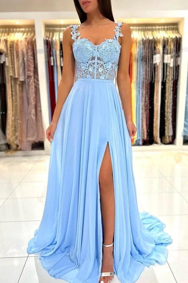 Simple Long A-line Sweetheart Chiffon Lace Backless Prom Dress with Slit by BIZTUNNEL
