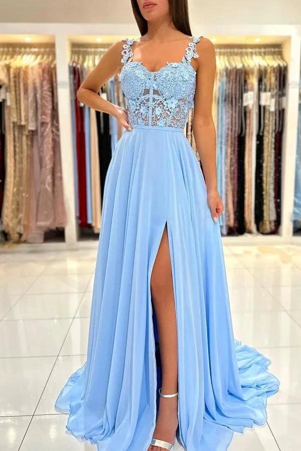 Simple Long A-line Sweetheart Chiffon Lace Backless Prom Dress with Slit by BIZTUNNEL