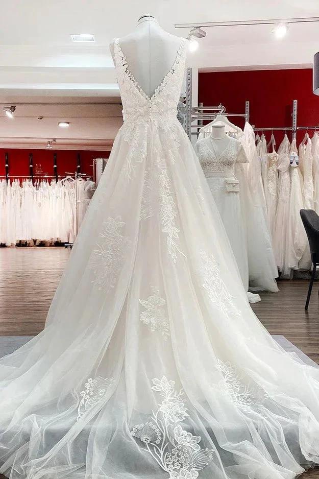 Simple Long A-line Tulle Lace V Neck Appliques Lace Open Back Wedding Dress by BIZTUNNEL