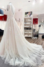 Simple Long A-line Tulle Lace V Neck Appliques Lace Open Back Wedding Dress by BIZTUNNEL