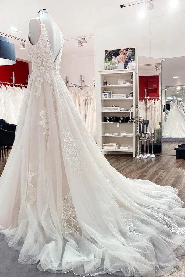 Simple Long A-line Tulle Lace V Neck Appliques Lace Open Back Wedding Dress by BIZTUNNEL