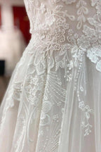 Simple Long A-line Tulle Lace V Neck Appliques Lace Open Back Wedding Dress by BIZTUNNEL