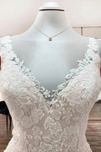 Simple Long A-line Tulle Lace V Neck Appliques Lace Open Back Wedding Dress by BIZTUNNEL