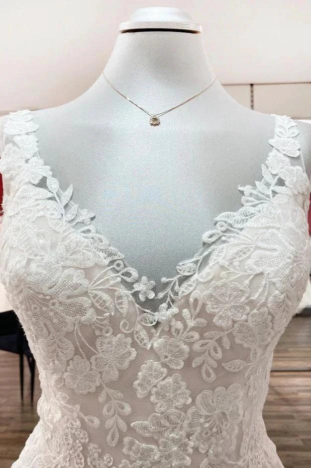 Simple Long A-line Tulle Lace V Neck Appliques Lace Open Back Wedding Dress by BIZTUNNEL