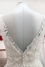 Simple Long A-line Tulle Lace V Neck Appliques Lace Open Back Wedding Dress by BIZTUNNEL