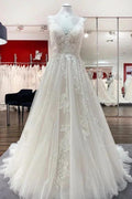 Simple Long A-line Tulle Lace V Neck Appliques Lace Open Back Wedding Dress by BIZTUNNEL