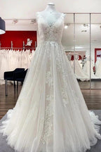 Simple Long A-line Tulle Lace V Neck Appliques Lace Open Back Wedding Dress by BIZTUNNEL