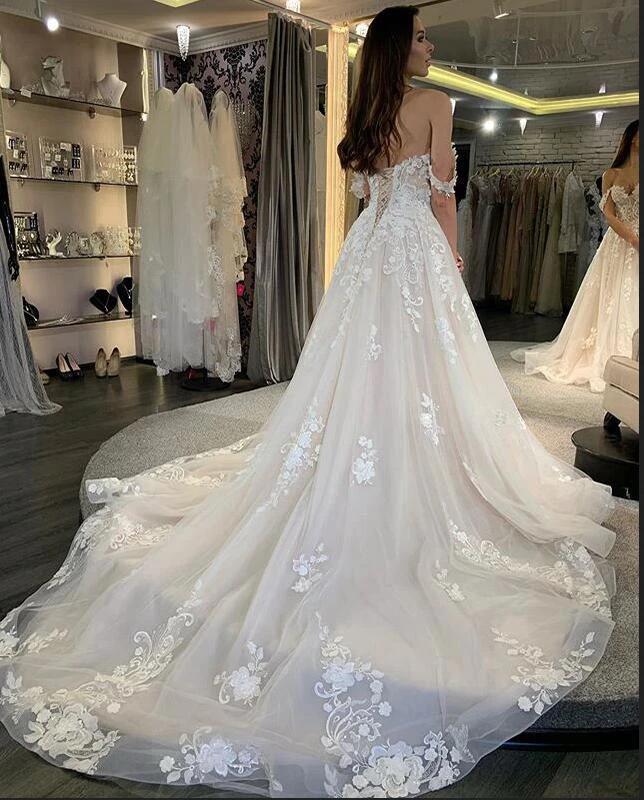 Simple Long A-line Tulle Off-the-Shoulder Lace Appliques Wedding Dress by BIZTUNNEL