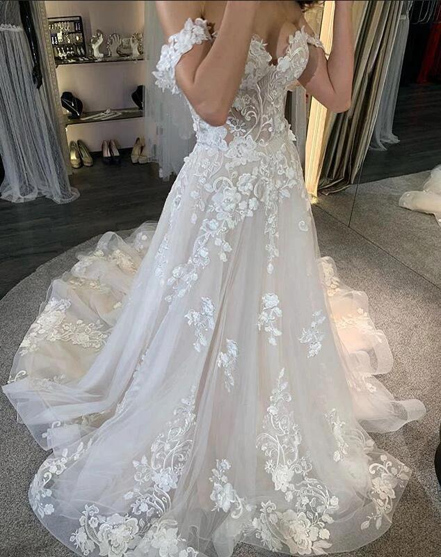 Simple Long A-line Tulle Off-the-Shoulder Lace Appliques Wedding Dress by BIZTUNNEL