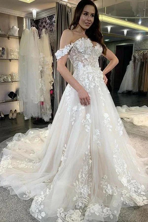 Simple Long A-line Tulle Off-the-Shoulder Lace Appliques Wedding Dress by BIZTUNNEL