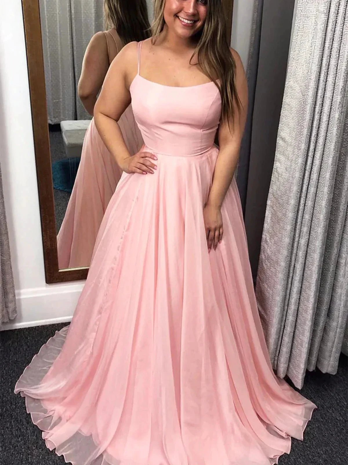 Simple Long A-line Tulle Prom Dress Pink Formal Graduation Evening Dresses by BIZTUNNEL