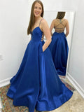 Simple Long A-line V Neck Backless Satin Formal Prom Dresses with Pockets by BIZTUNNEL
