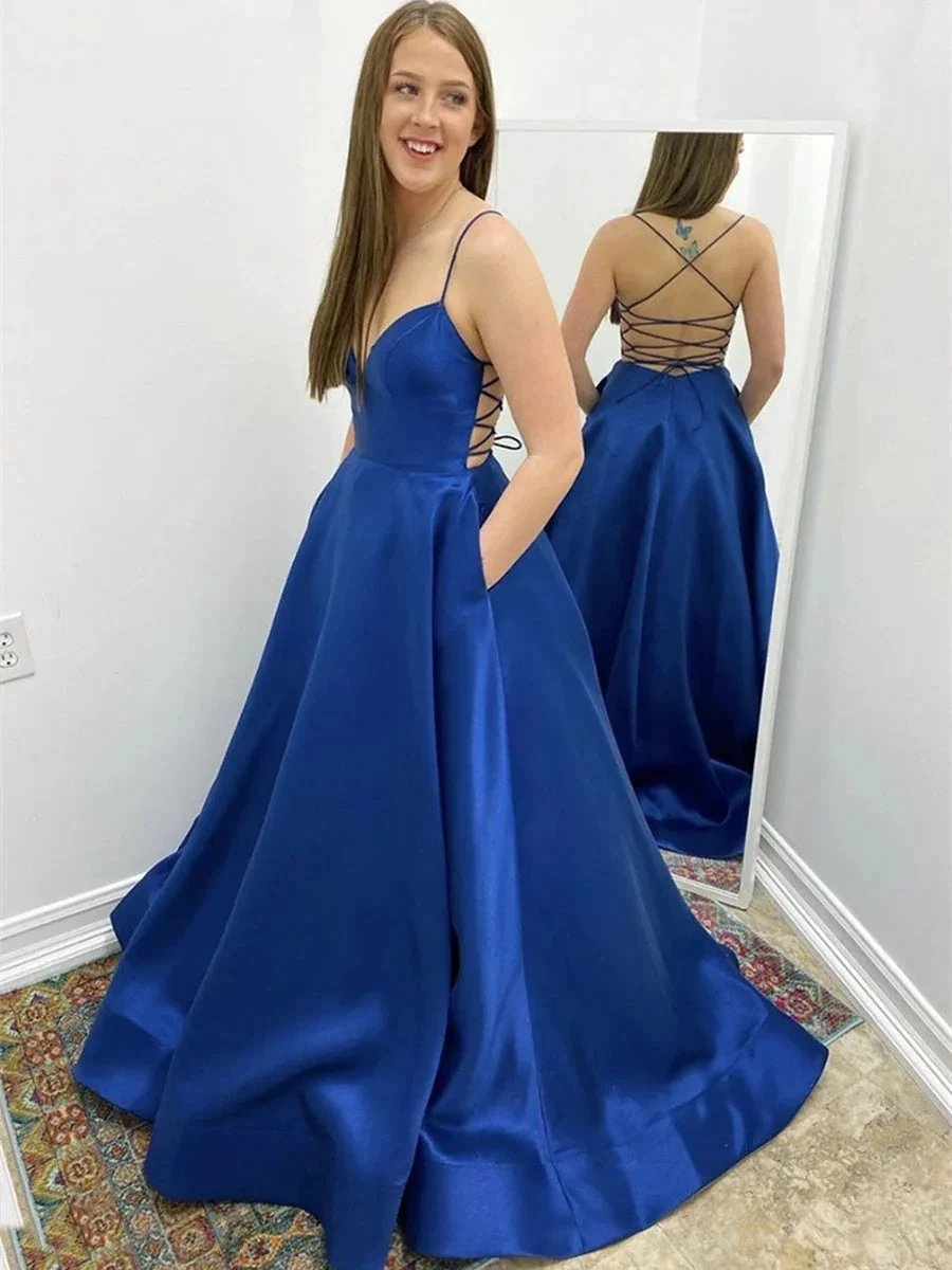 Simple Long A-line V Neck Backless Satin Formal Prom Dresses with Pockets by BIZTUNNEL