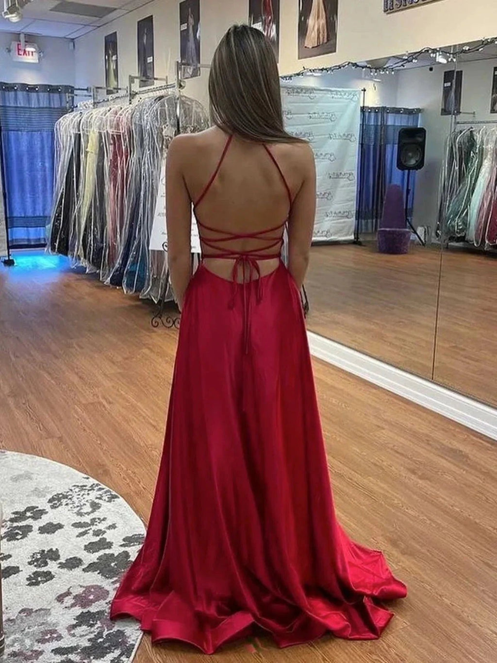 Simple Long A-line V Neck Backless Satin Graduation Prom Dresses with High Slit by BIZTUNNEL
