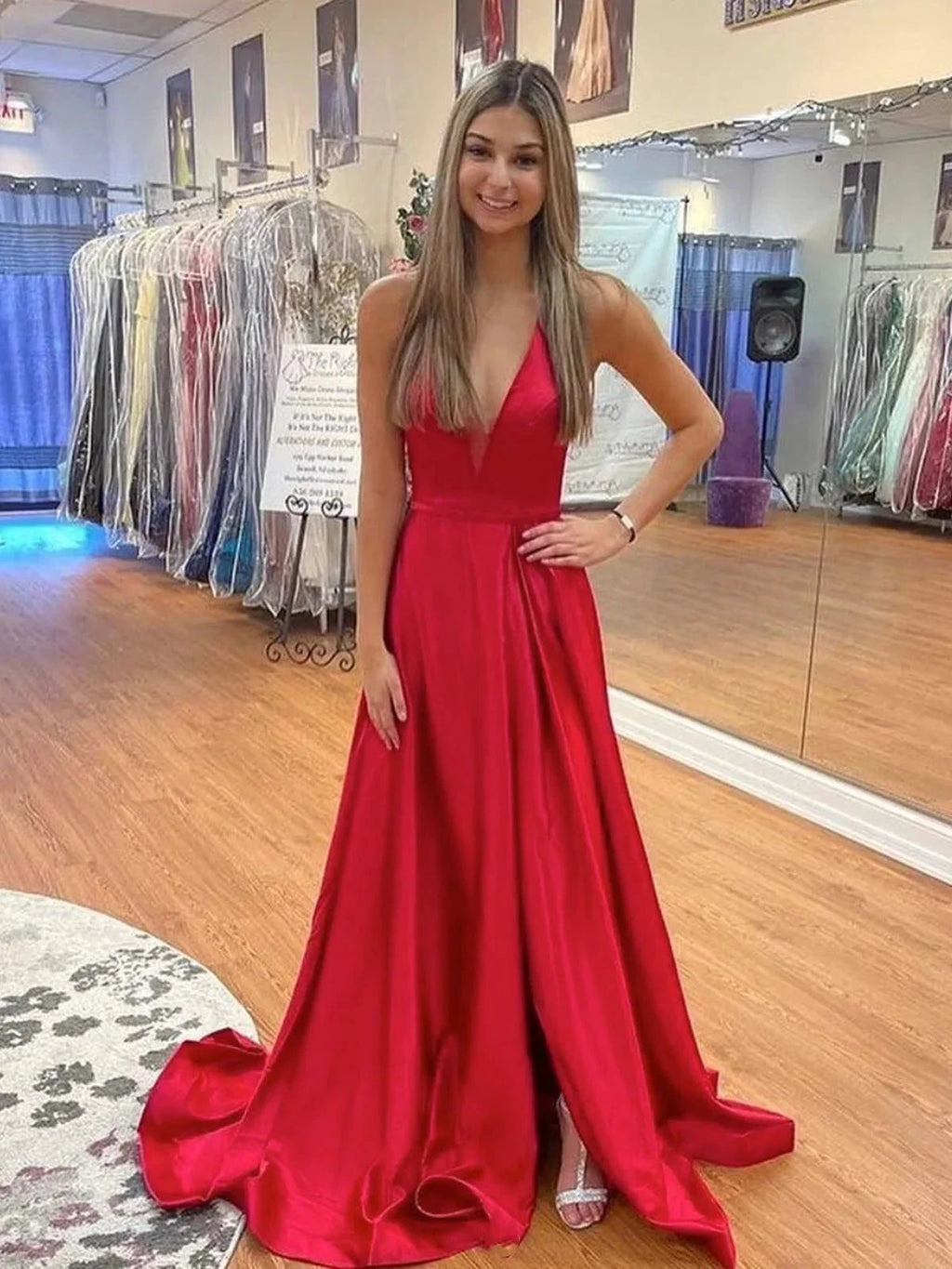 Simple Long A-line V Neck Backless Satin Graduation Prom Dresses with High Slit by BIZTUNNEL