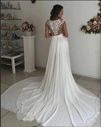 Simple Long A-line V-neck Chiffon Lace Wedding Dress with Slit by BIZTUNNEL