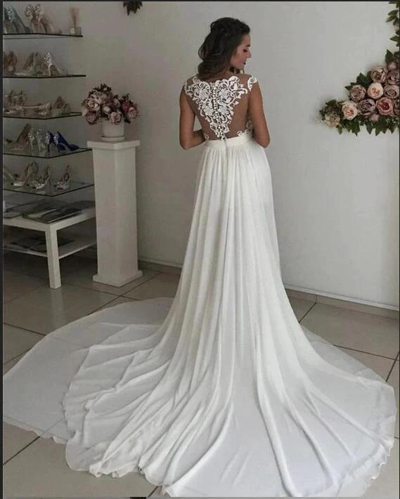 Simple Long A-line V-neck Chiffon Lace Wedding Dress with Slit by BIZTUNNEL