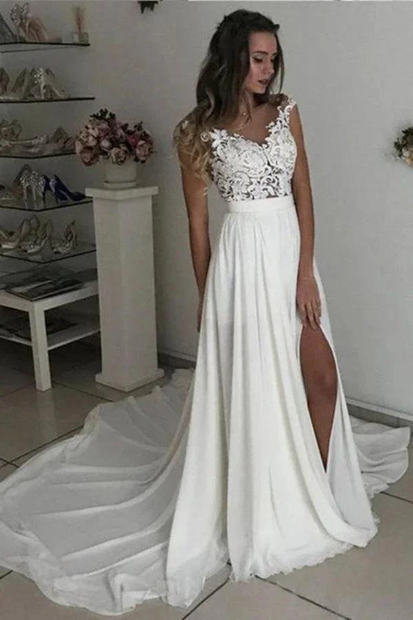 Simple Long A-line V-neck Chiffon Lace Wedding Dress with Slit by BIZTUNNEL
