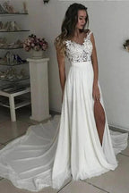 Simple Long A-line V-neck Chiffon Lace Wedding Dress with Slit by BIZTUNNEL