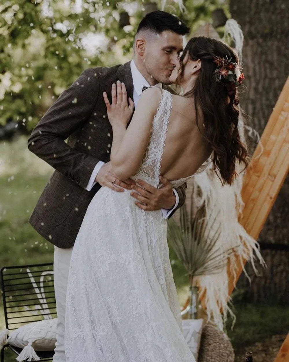 Simple Long A-Line V-neck Lace Backless Wedding Dresses by BIZTUNNEL