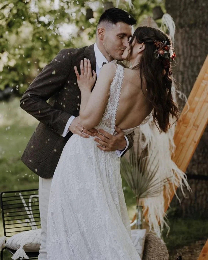 Simple Long A-Line V-neck Lace Backless Wedding Dresses by BIZTUNNEL