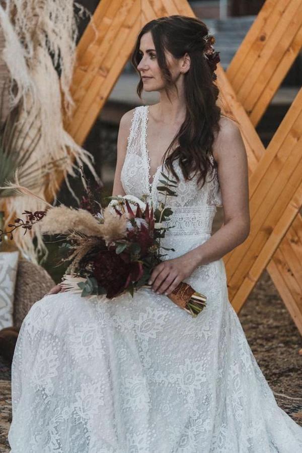 Simple Long A-Line V-neck Lace Backless Wedding Dresses by BIZTUNNEL