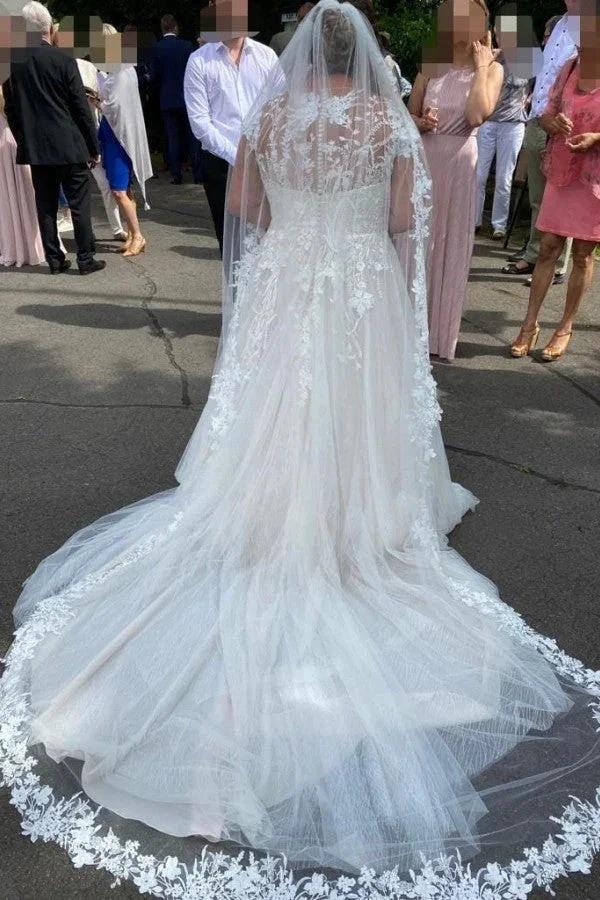 Simple Long A-Line V-neck Long Sleeves Wedding Dresses With Lace by misshow.com