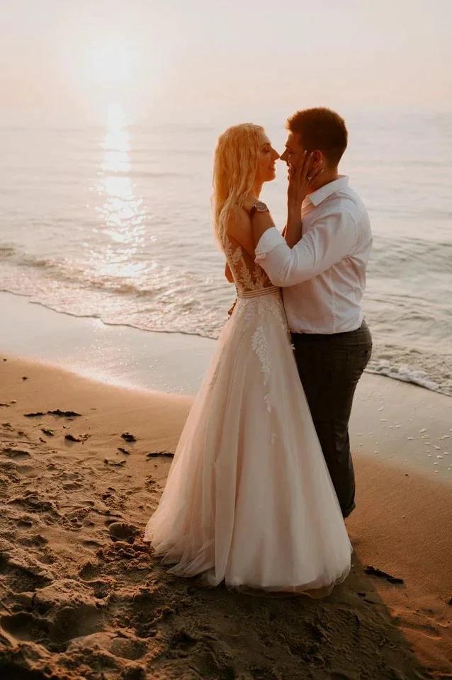 Simple Long A-line V-neck Open Back Tulle Lace Wedding Dress by BIZTUNNEL