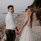 Simple Long A-line V-neck Open Back Tulle Lace Wedding Dress by BIZTUNNEL