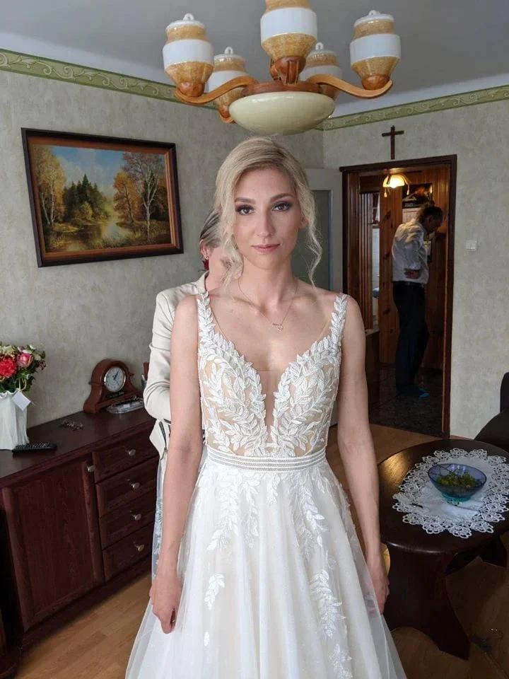 Simple Long A-line V-neck Open Back Tulle Lace Wedding Dress by BIZTUNNEL