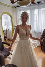 Simple Long A-line V-neck Open Back Tulle Lace Wedding Dress by BIZTUNNEL